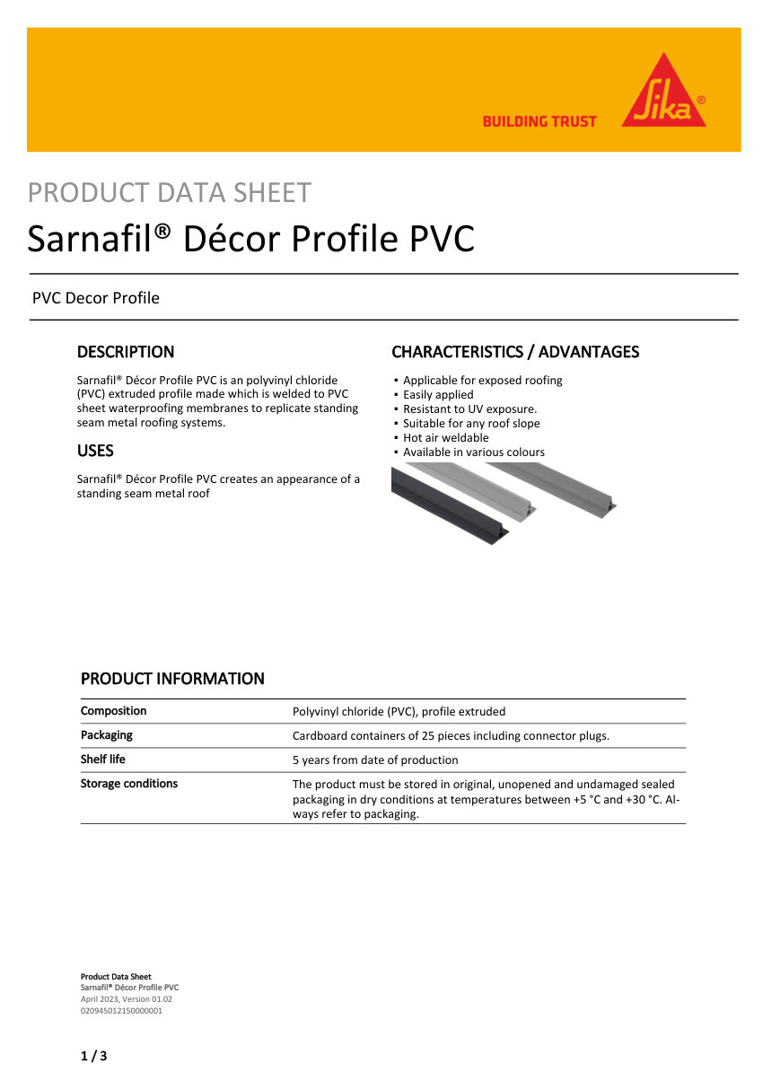 Sika Sarnafil® Décor Profile PVC cut sheet — first page