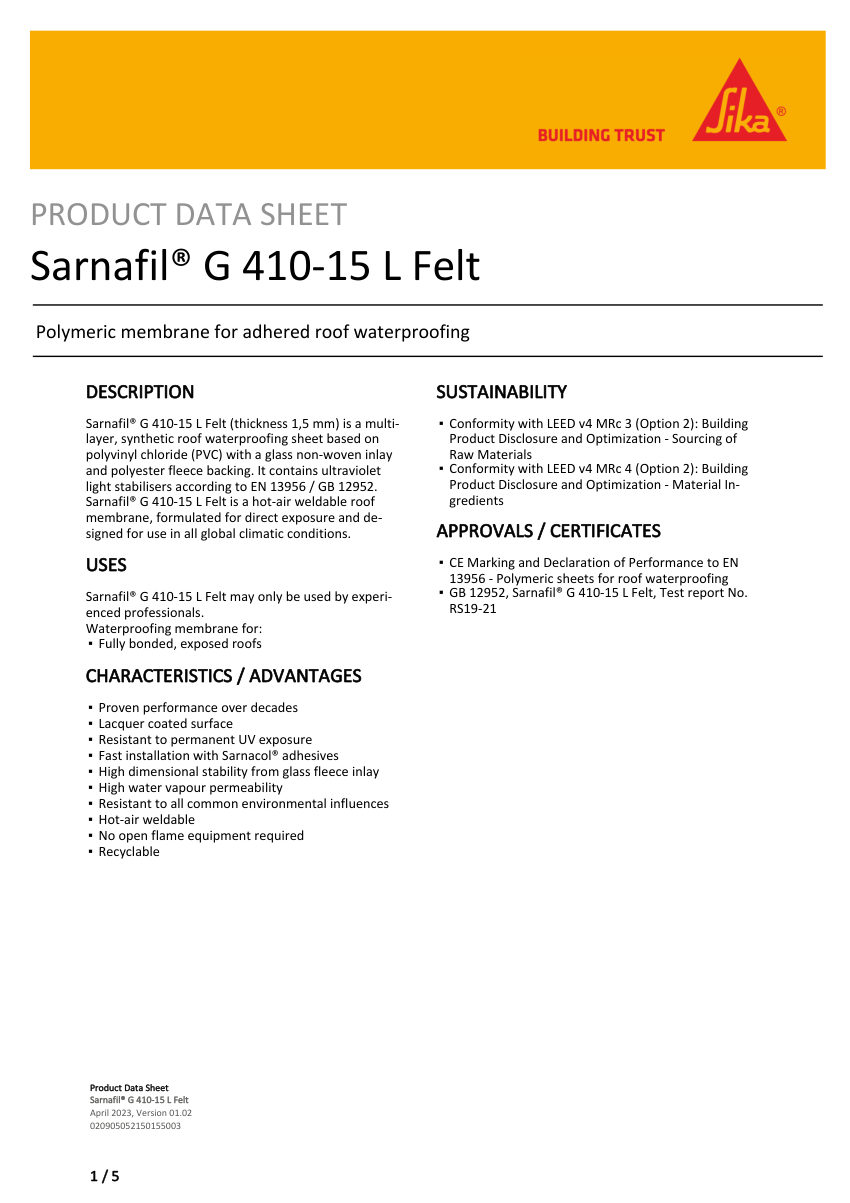 Sika Sarnafil® G 410-15 L Felt cut sheet — first page