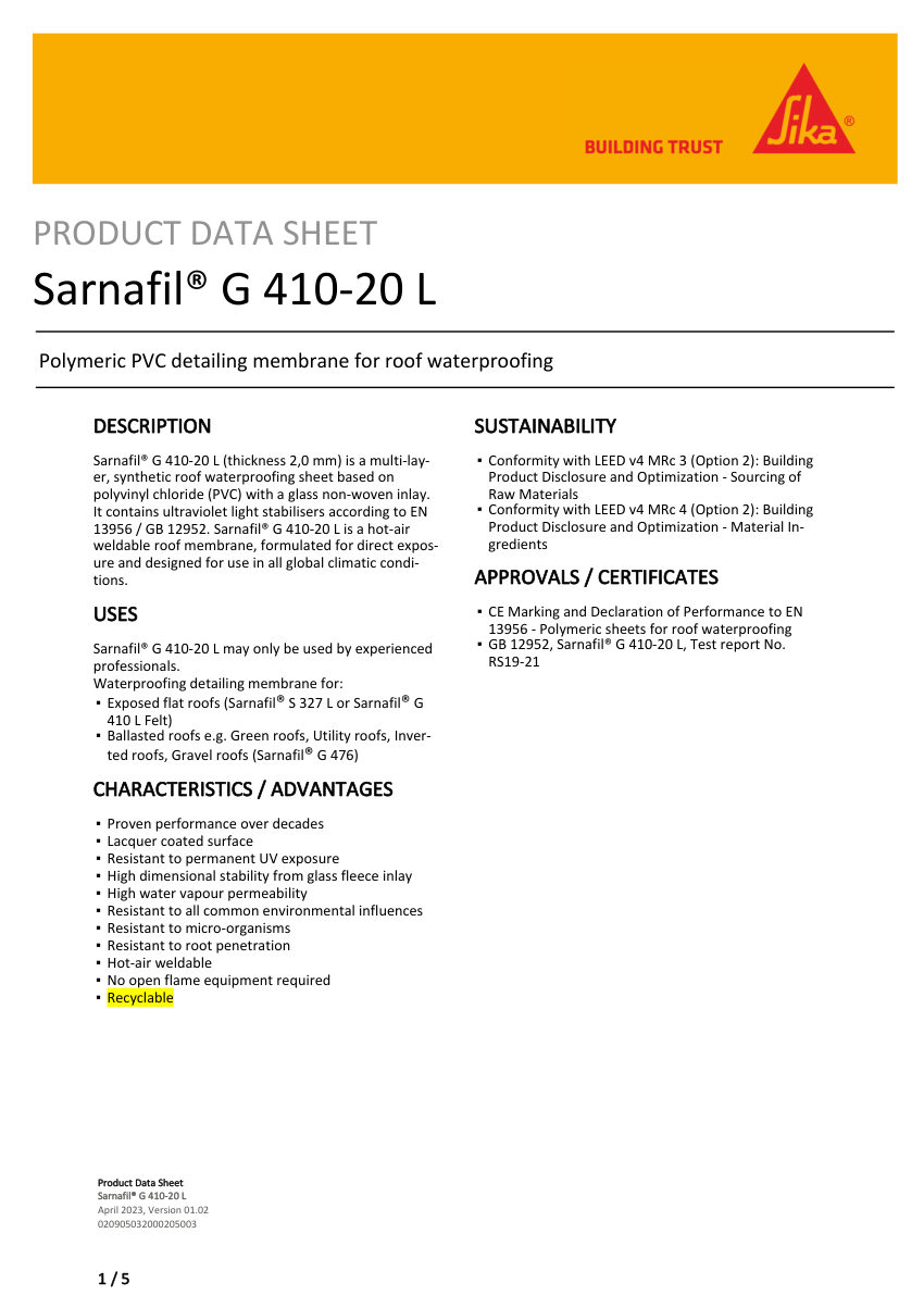 Sika Sarnafil® G 410-20 L cut sheet — first page