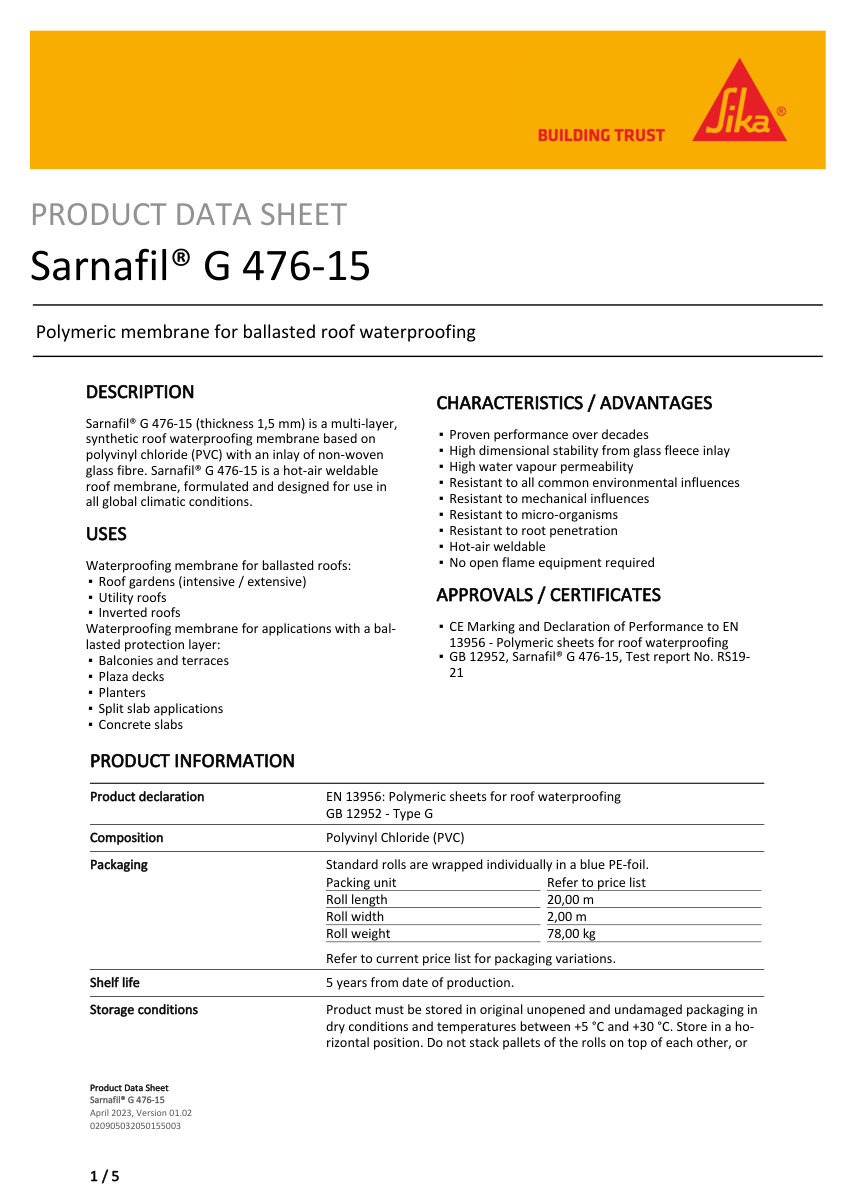 Sika Sarnafil® G 476-15 cut sheet — first page
