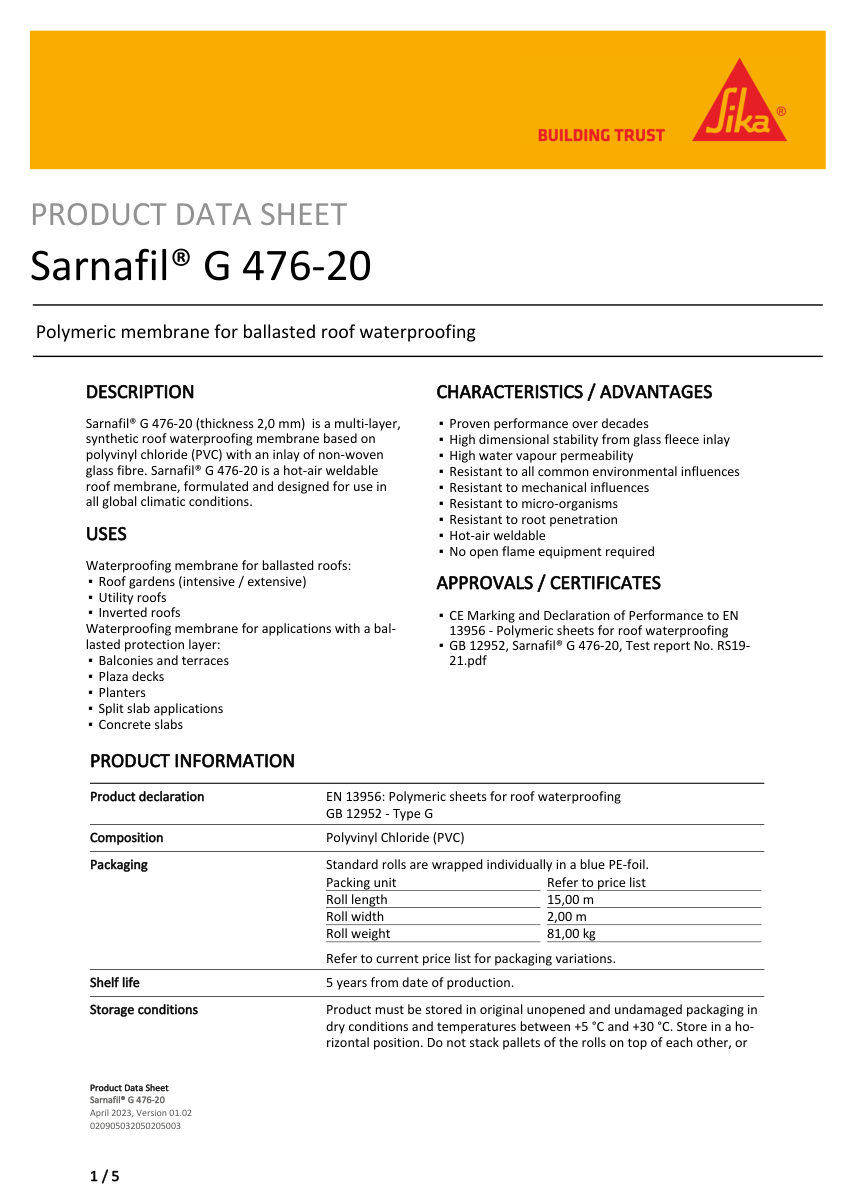 Sika Sarnafil® G 476-20 cut sheet — first page