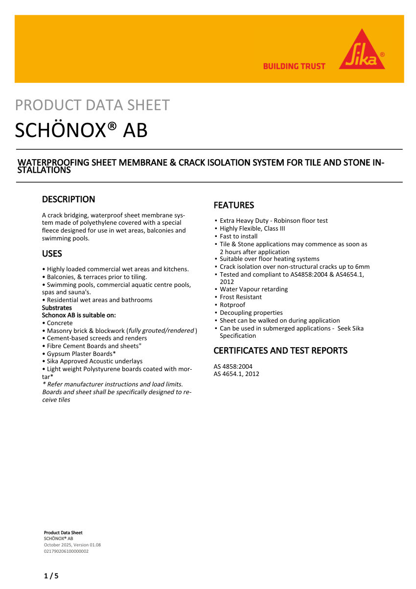 Sika SCHÖNOX® AB cut sheet — first page