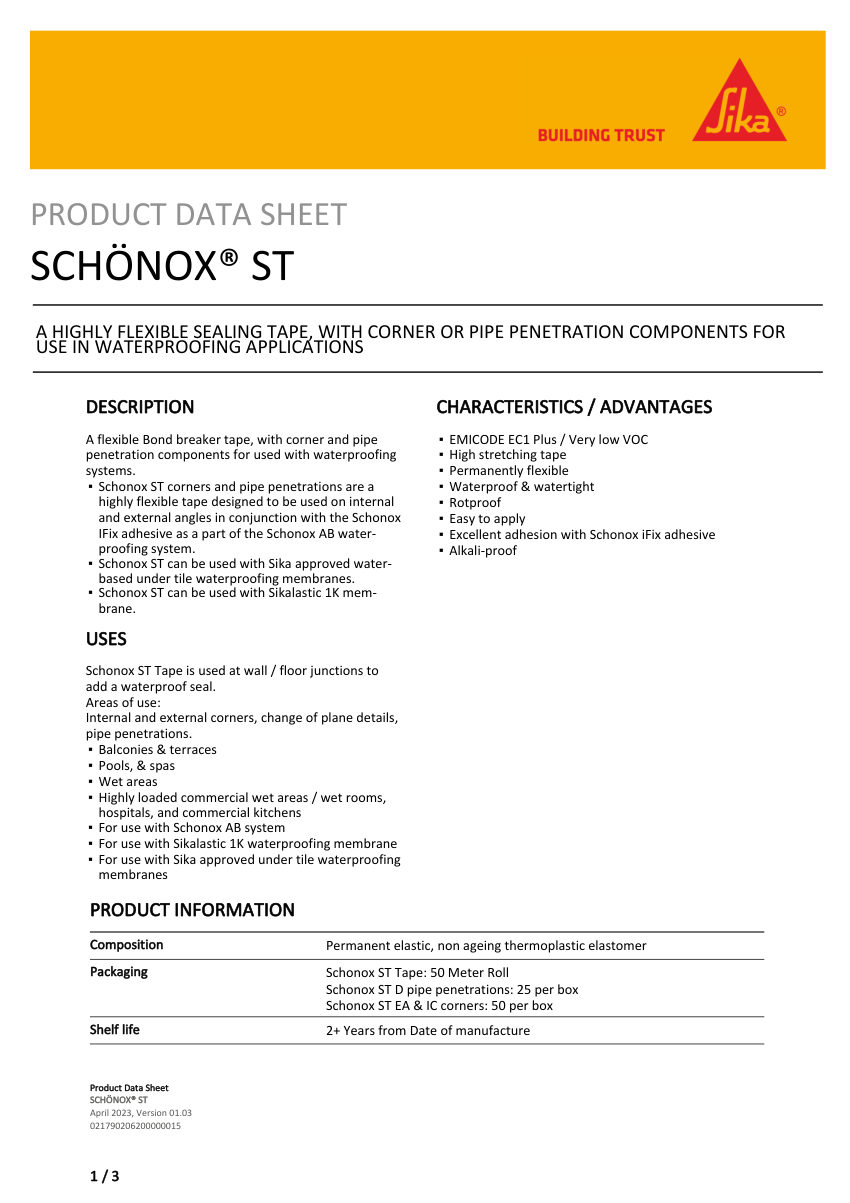 Sika SCHÖNOX® ST cut sheet — first page