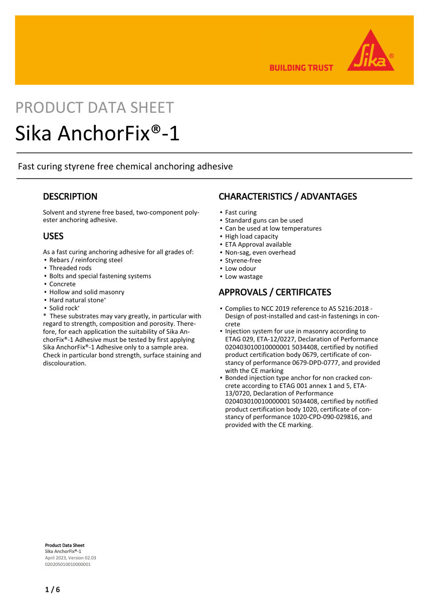 Sika Sika AnchorFix®-1 cut sheet — first page