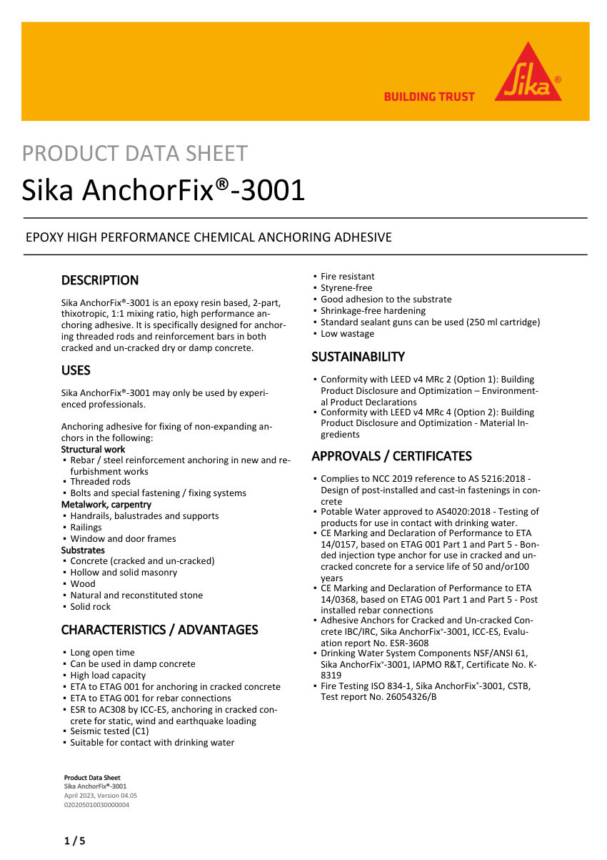 Sika Sika AnchorFix®-3001 cut sheet — first page