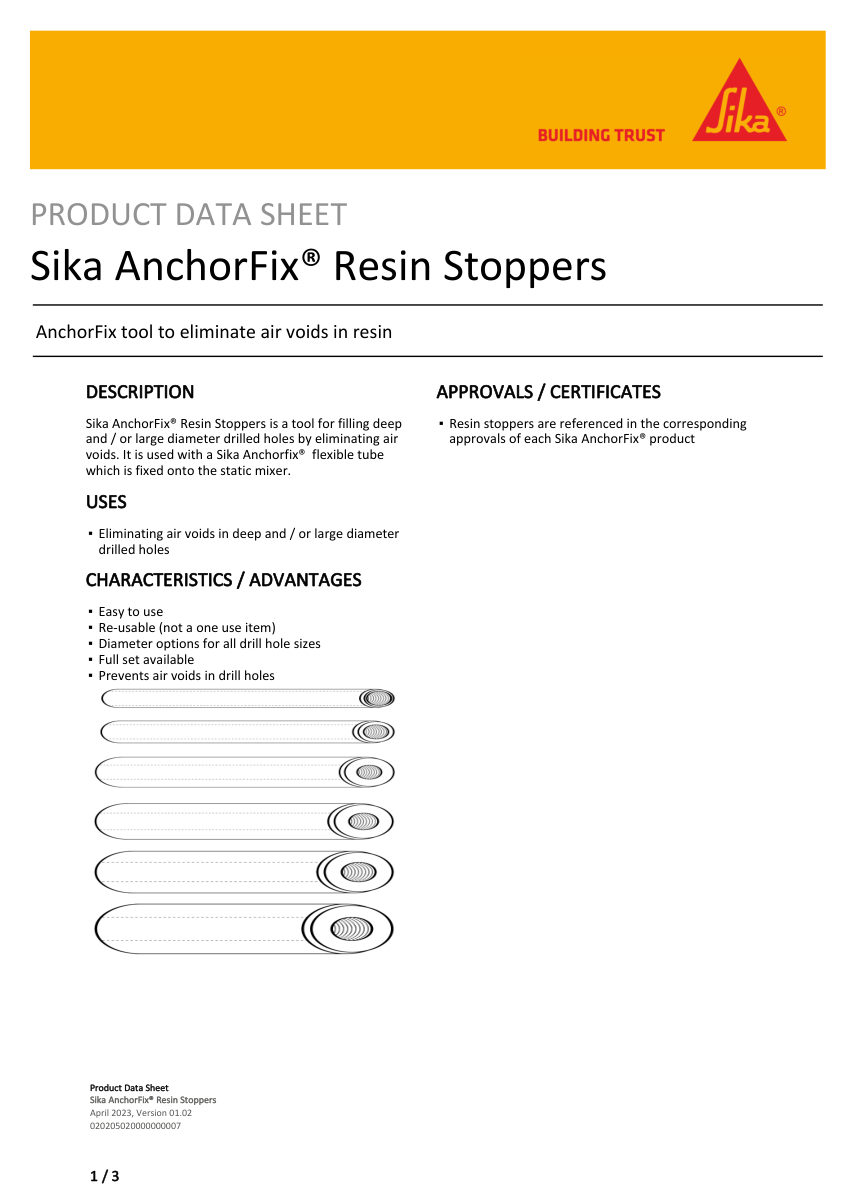 Sika Sika AnchorFix® Resin Stoppers cut sheet — first page