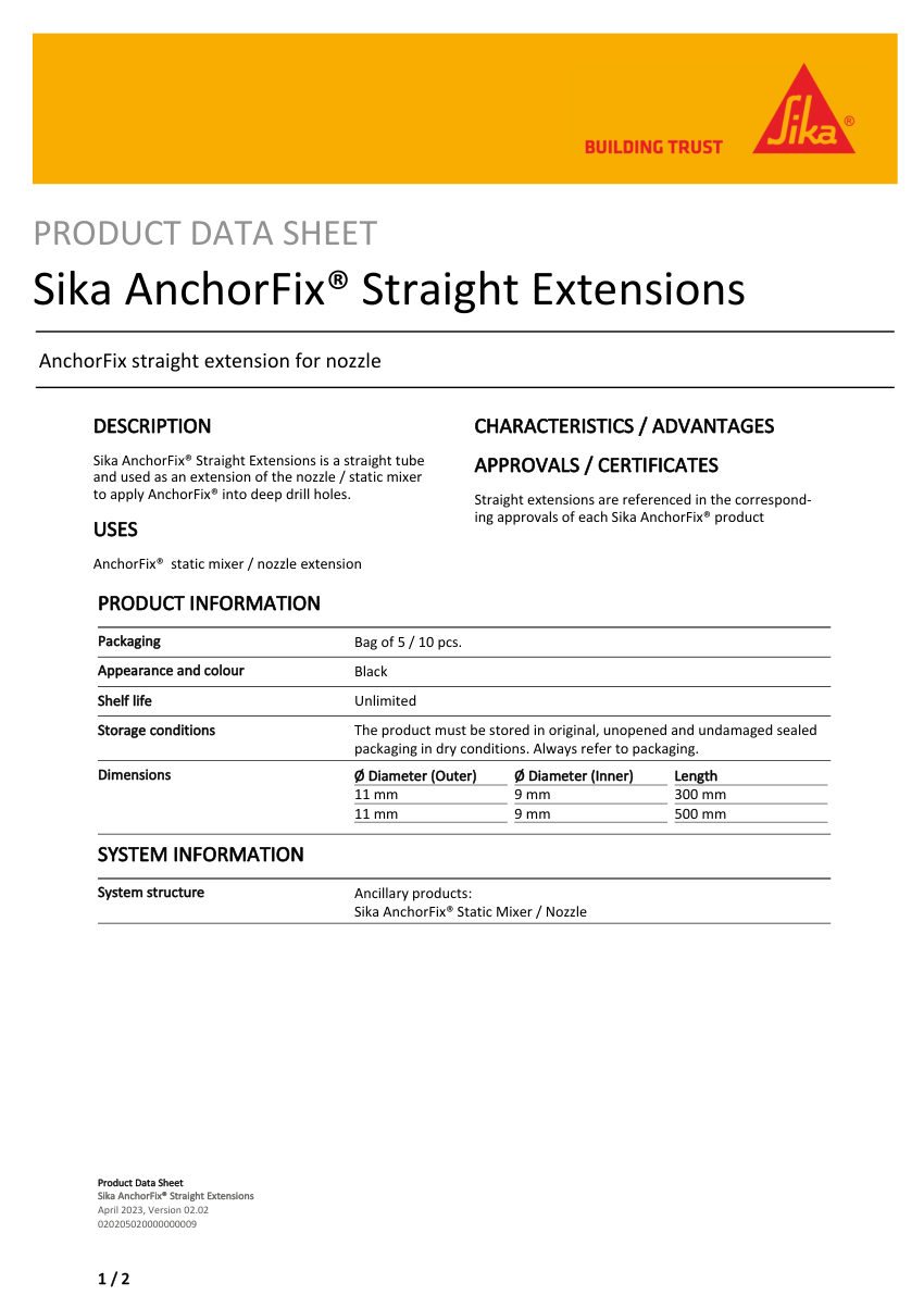 Sika Sika AnchorFix® Straight Extensions cut sheet — first page