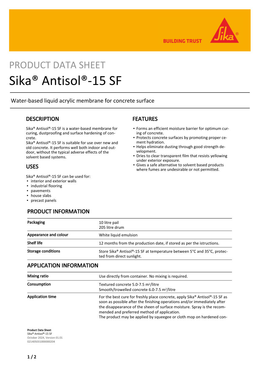 Sika Sika® Antisol®-15 SF cut sheet — first page