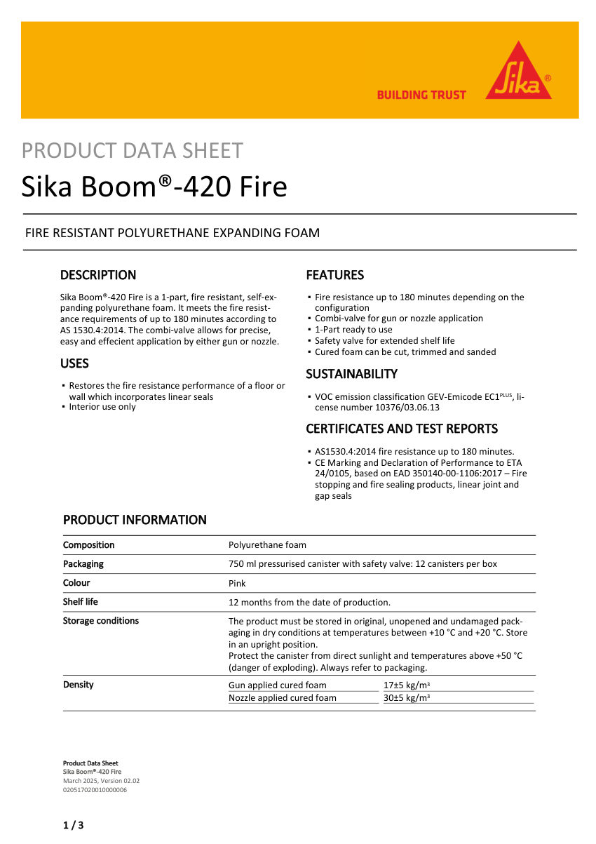 Sika Sika Boom®-420 Fire cut sheet — first page