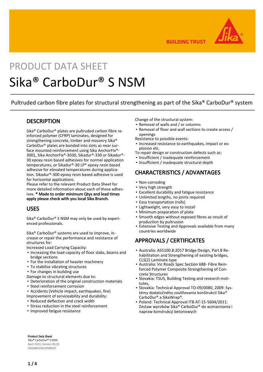 Sika Sika® CarboDur® S NSM cut sheet — first page