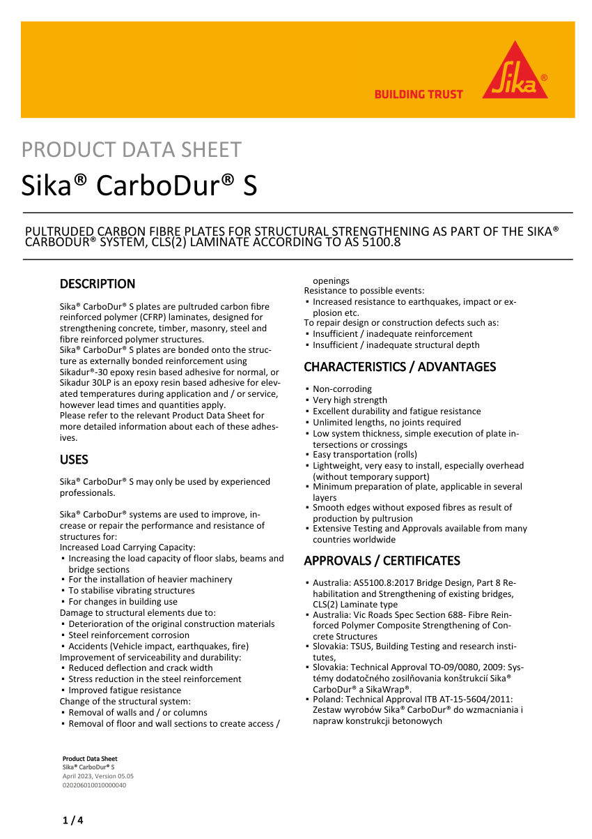 Sika Sika® CarboDur® S cut sheet — first page
