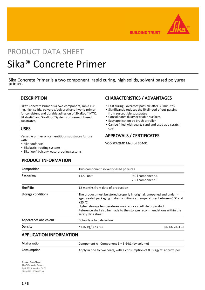 Sika Sika® Concrete Primer cut sheet — first page