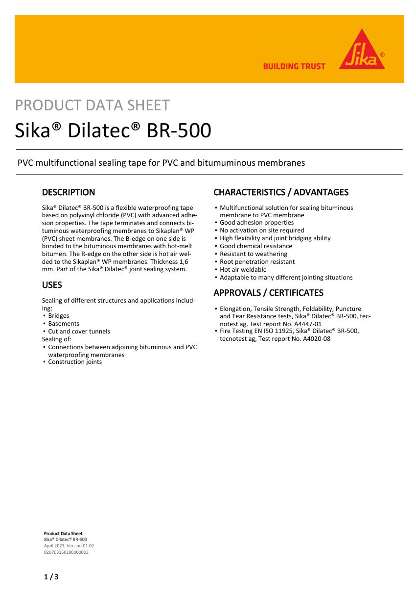 Sika Sika® Dilatec® BR-500 cut sheet — first page