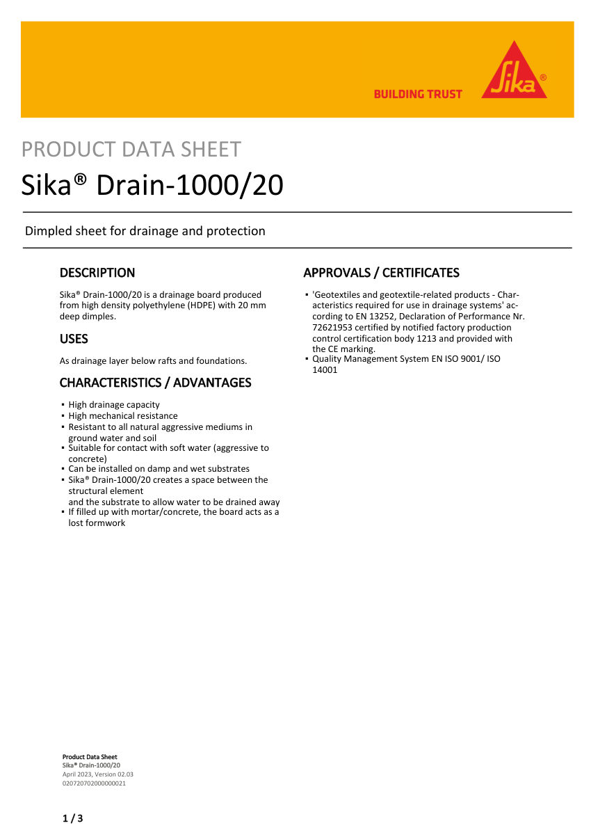 Sika Sika® Drain-1000/20 cut sheet — first page