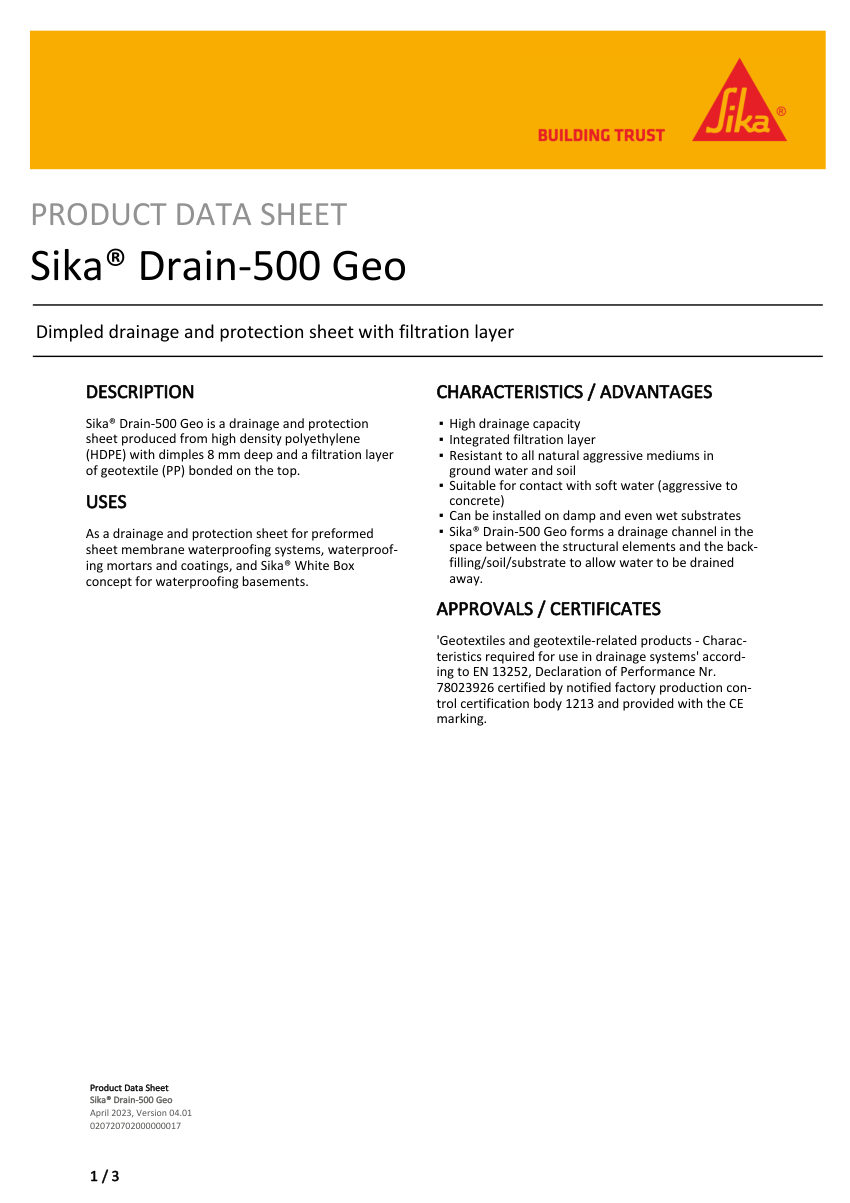 Sika Sika® Drain-500 Geo cut sheet — first page