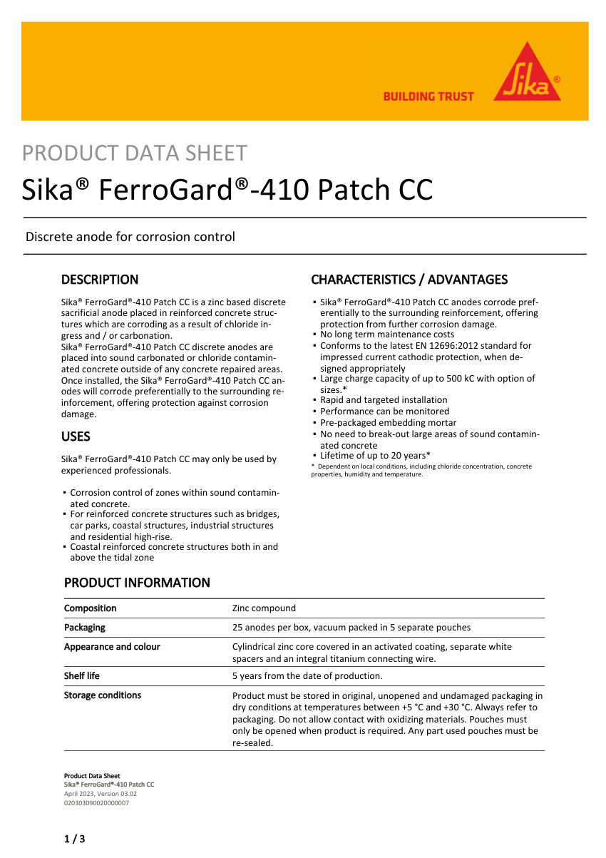 Sika Sika® FerroGard®-410 Patch CC cut sheet — first page