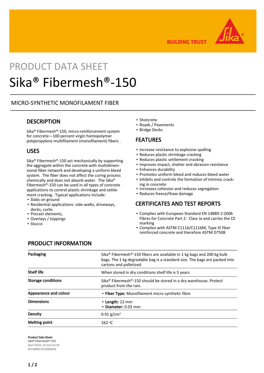 Sika Sika® Fibermesh®-150 cut sheet — first page