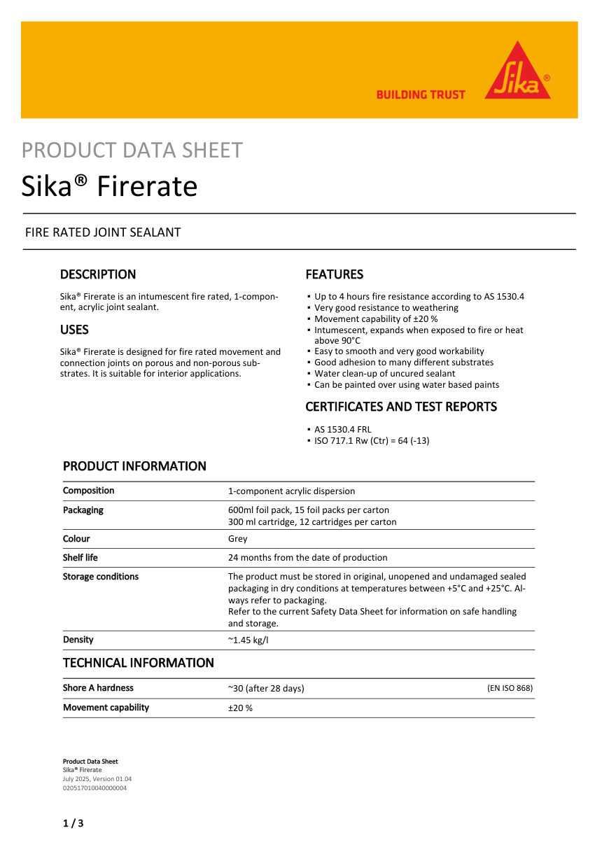 Sika Sika® Firerate cut sheet — first page