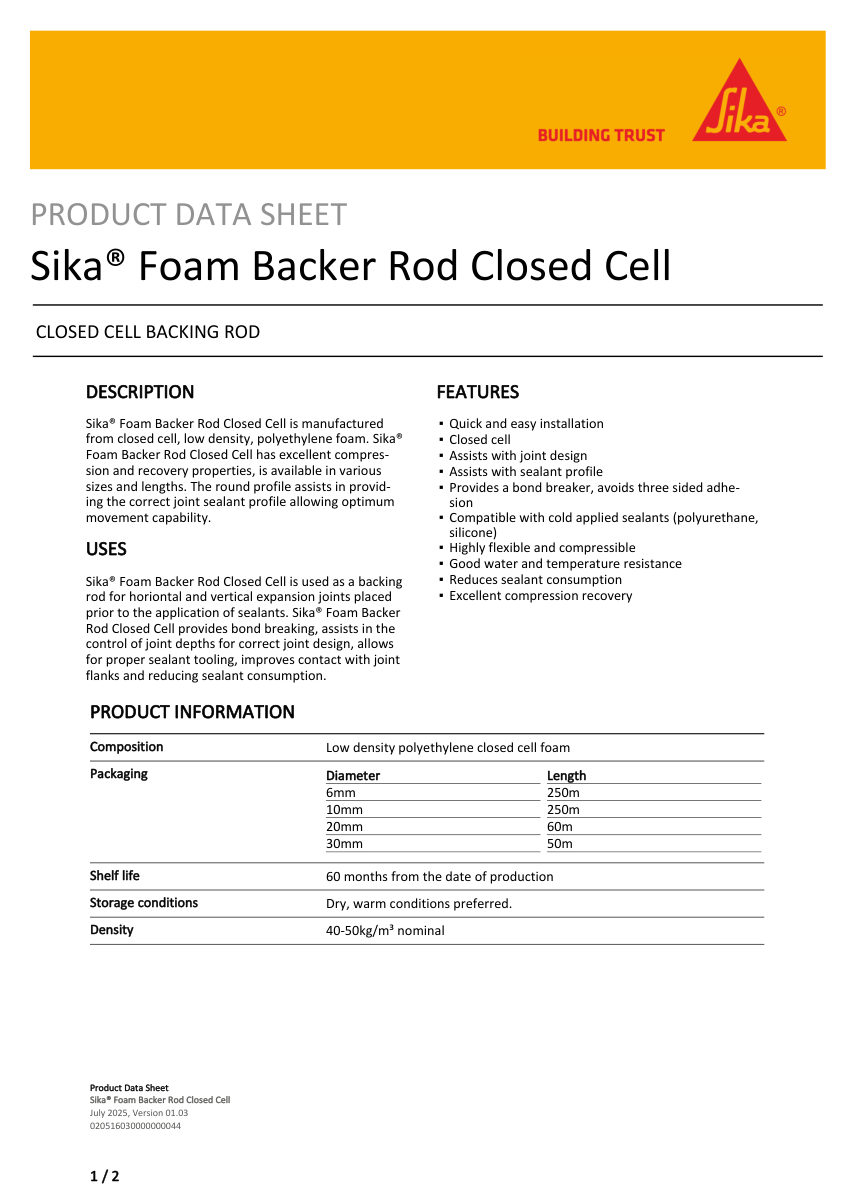 Sika Sika® Foam Backer Rod Closed Cell cut sheet — first page