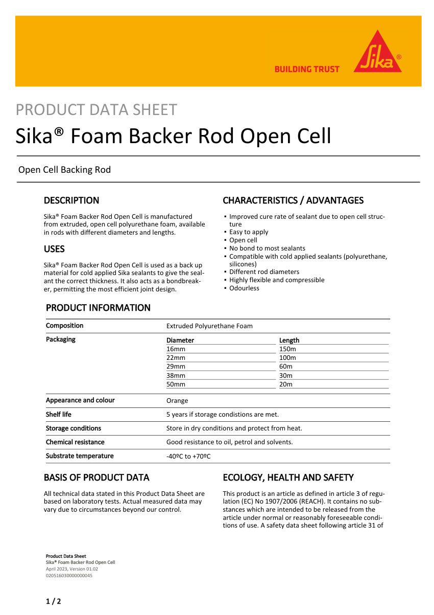 Sika Sika® Foam Backer Rod Open Cell cut sheet — first page