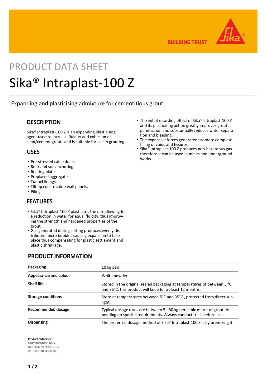 Sika Sika® Intraplast-100 Z cut sheet — first page