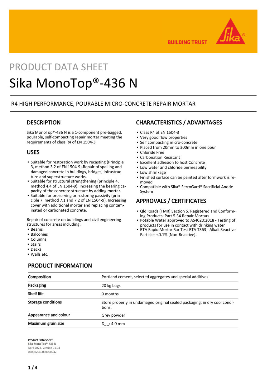 Sika Sika MonoTop®-436 N cut sheet — first page
