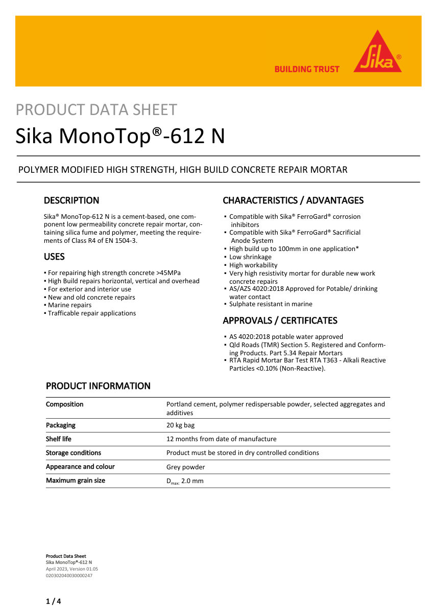 Sika Sika MonoTop®-612 N cut sheet — first page