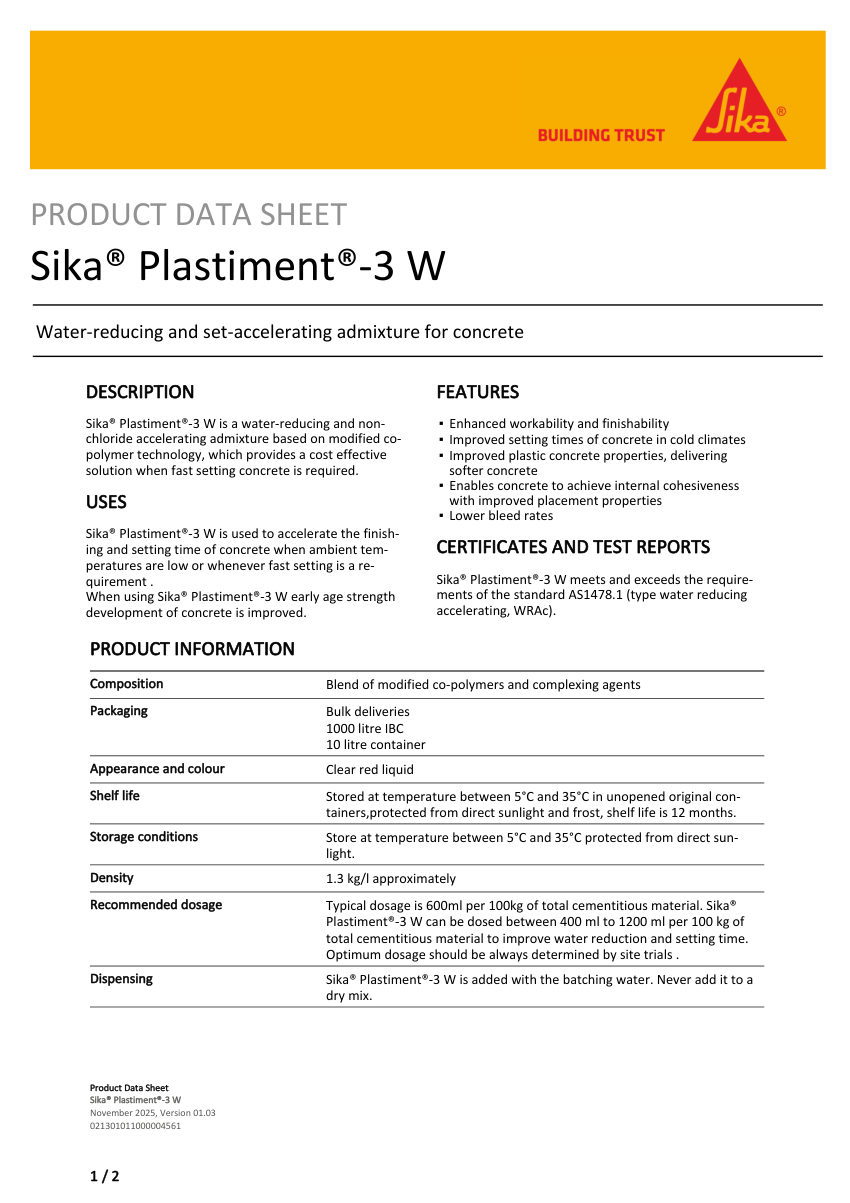 Sika Sika® Plastiment®-3 W cut sheet — first page