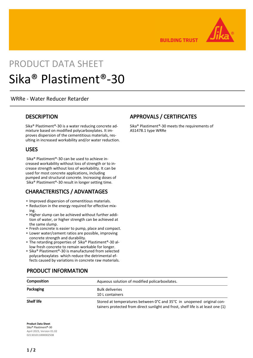 Sika Sika® Plastiment®-30 cut sheet — first page