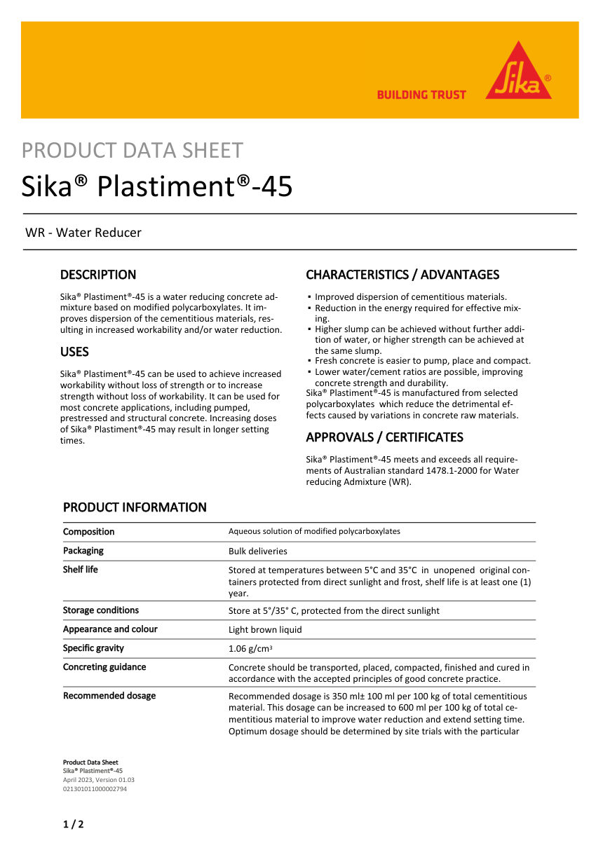 Sika Sika® Plastiment®-45 cut sheet — first page