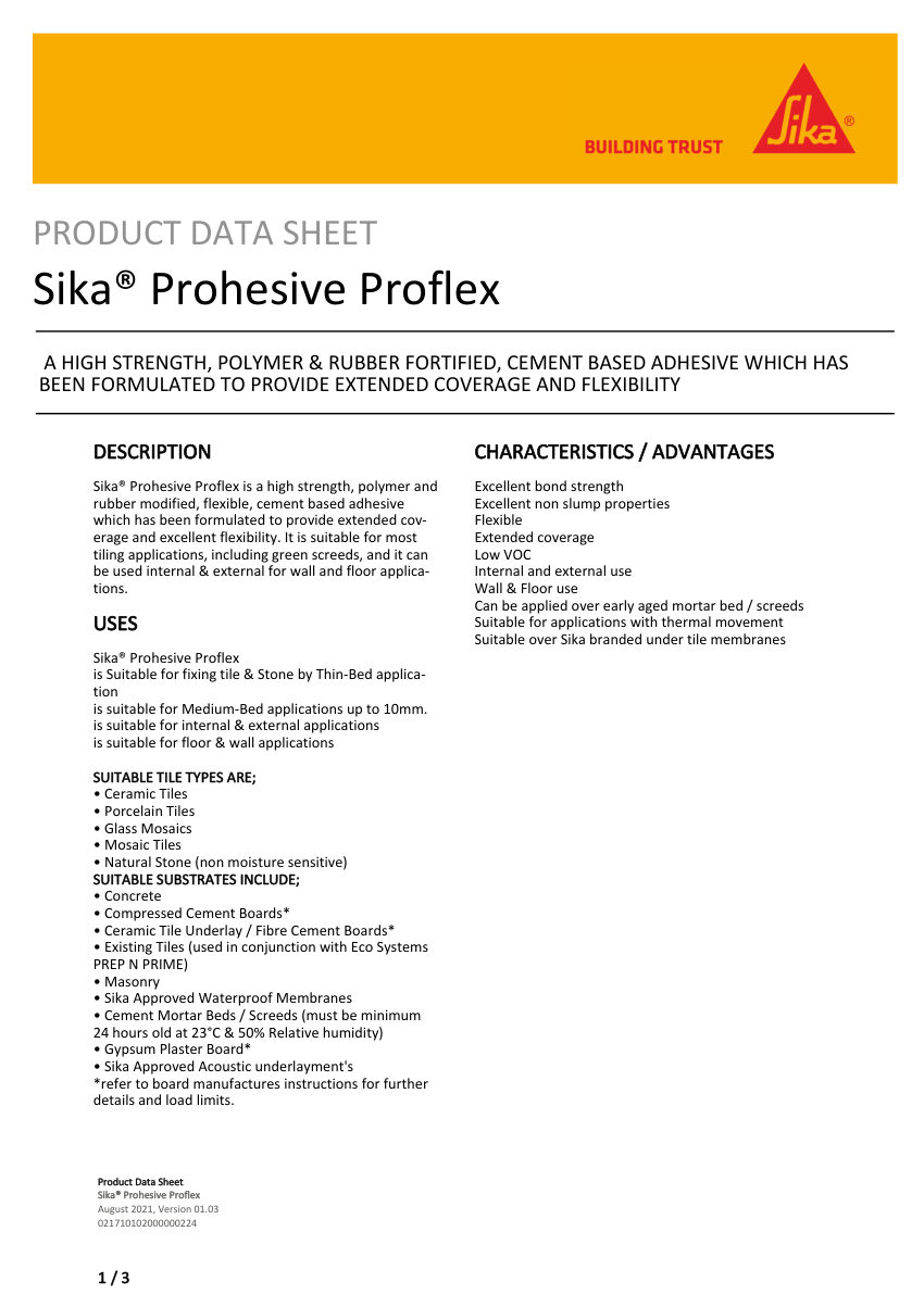 Sika Sika® Prohesive Proflex cut sheet — first page
