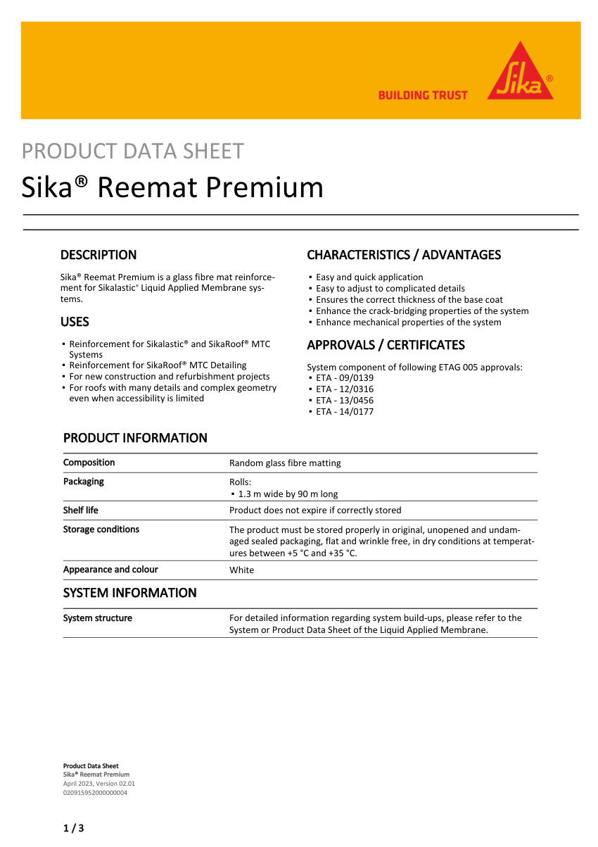 Sika Sika® Reemat Premium cut sheet — first page