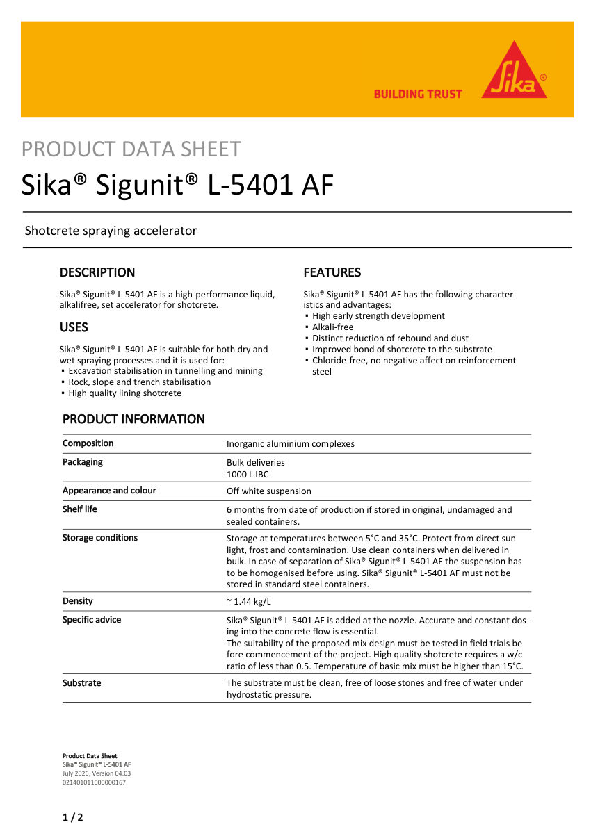 Sika Sika® Sigunit® L-5401 AF cut sheet — first page