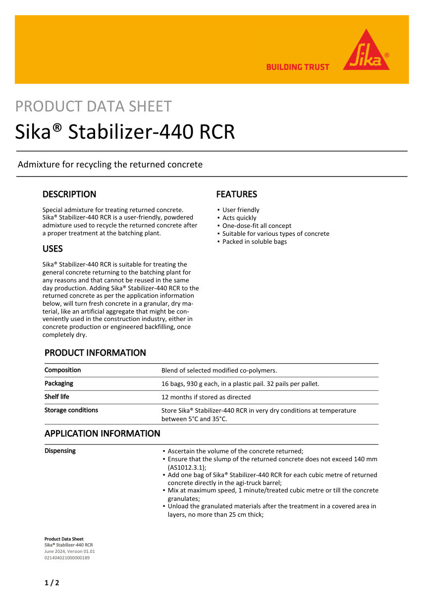 Sika Sika® Stabilizer-440 RCR cut sheet — first page