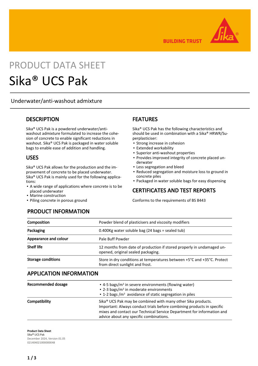 Sika Sika® UCS Pak cut sheet — first page