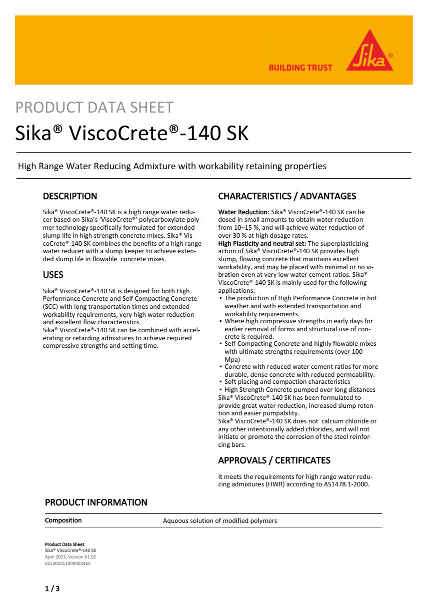 Sika Sika® ViscoCrete®-140 SK cut sheet — first page