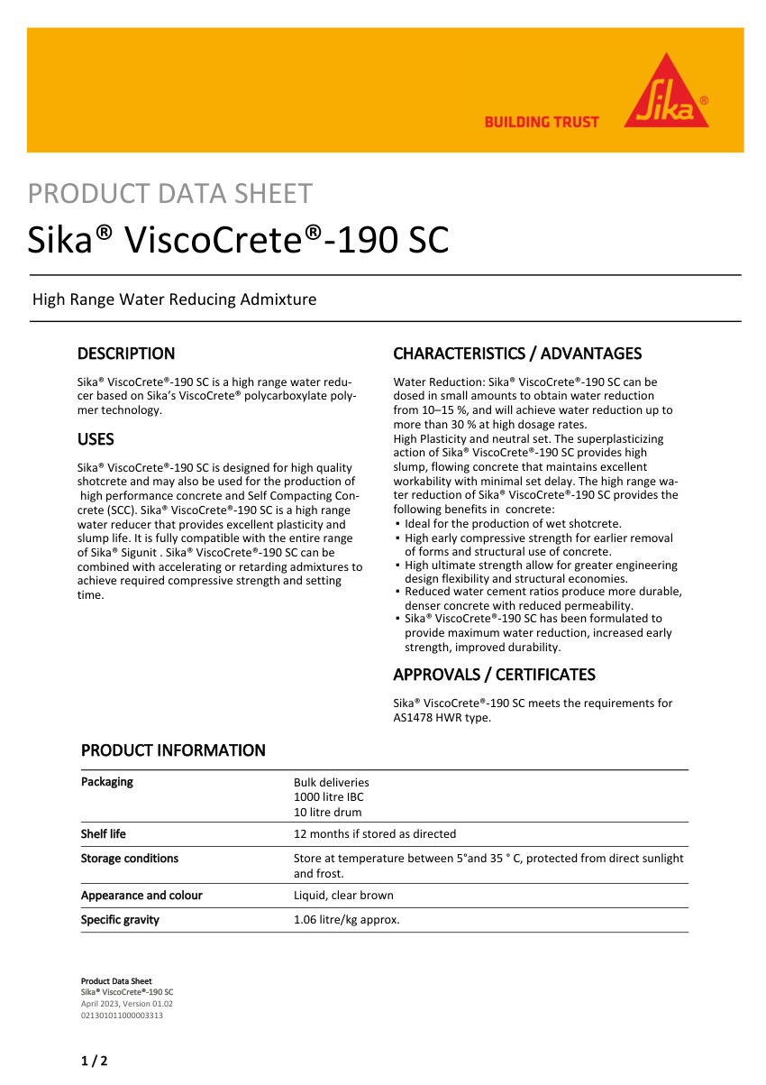 Sika Sika® ViscoCrete®-190 SC cut sheet — first page