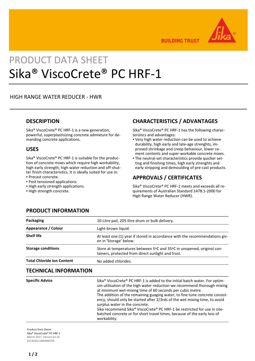 Sika Sika® ViscoCrete® PC HRF-1 cut sheet — first page