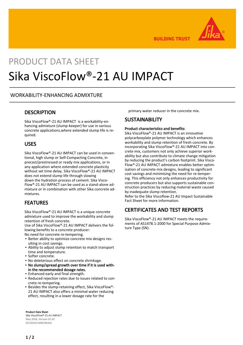 Sika Sika ViscoFlow®-21 AU IMPACT cut sheet — first page