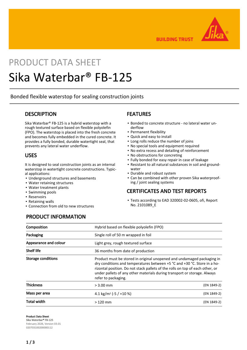Sika Sika Waterbar® FB-125 cut sheet — first page