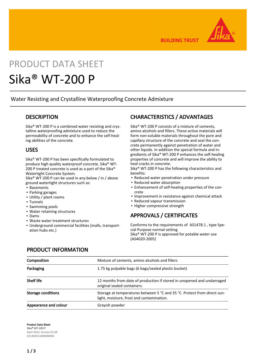 Sika Sika® WT-200 P cut sheet — first page