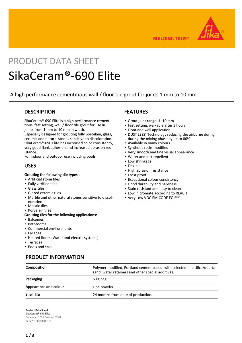 Sika SikaCeram®-690 Elite cut sheet — first page