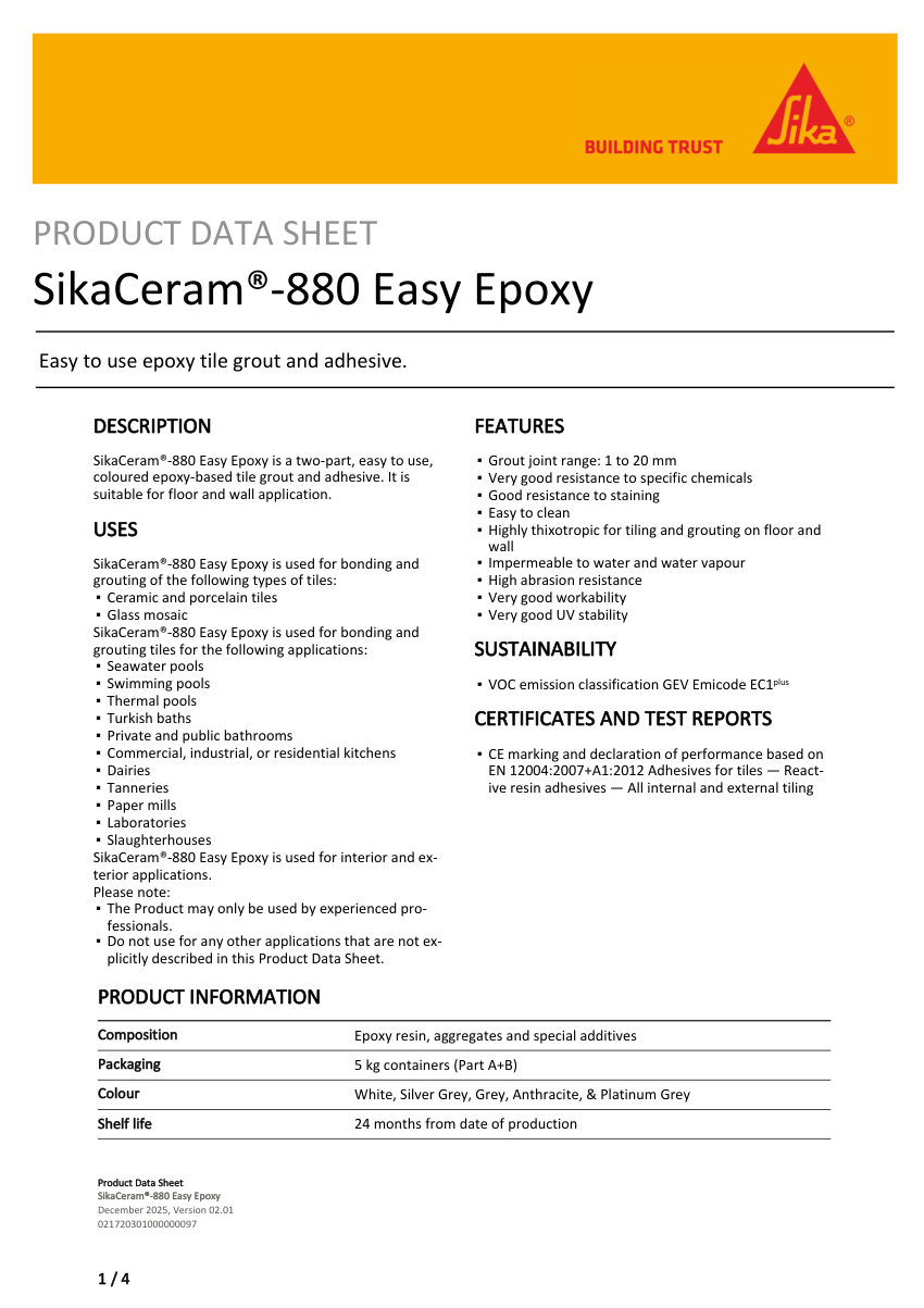 Sika SikaCeram®-880 Easy Epoxy cut sheet — first page