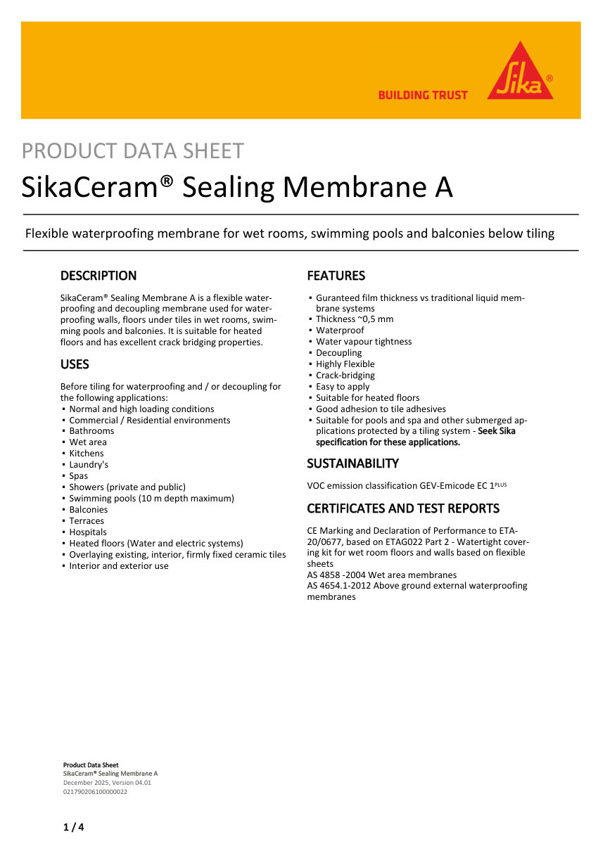 Sika SikaCeram® Sealing Membrane A cut sheet — first page