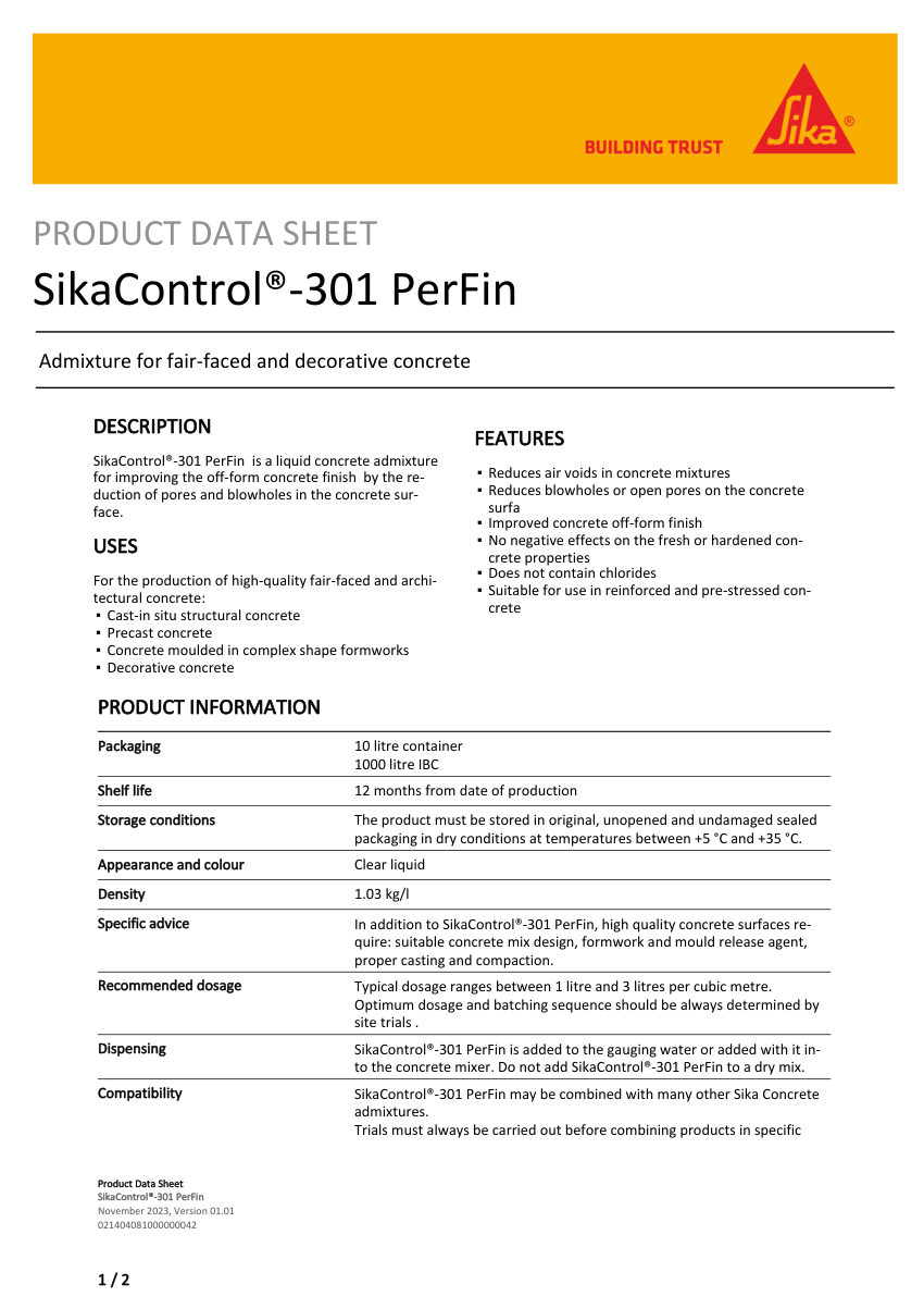 Sika SikaControl®-301 PerFin cut sheet — first page