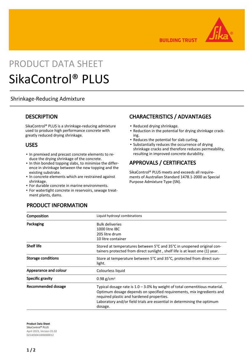 Sika SikaControl® PLUS cut sheet — first page