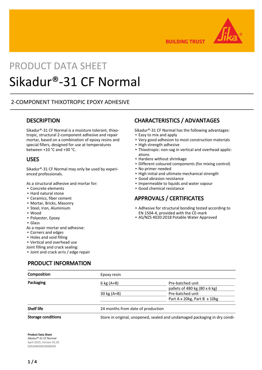 Sika Sikadur®-31 CF Normal cut sheet — first page
