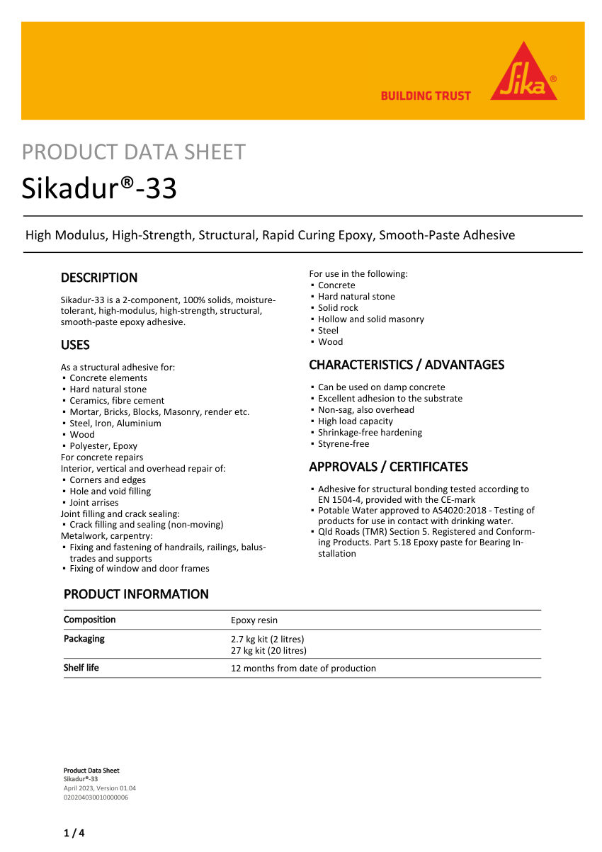 Sika Sikadur®-33 cut sheet — first page