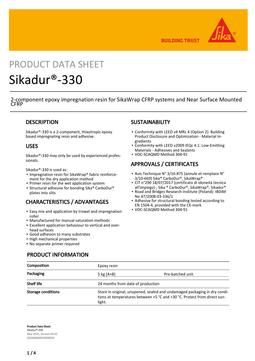 Sika Sikadur®-330 cut sheet — first page