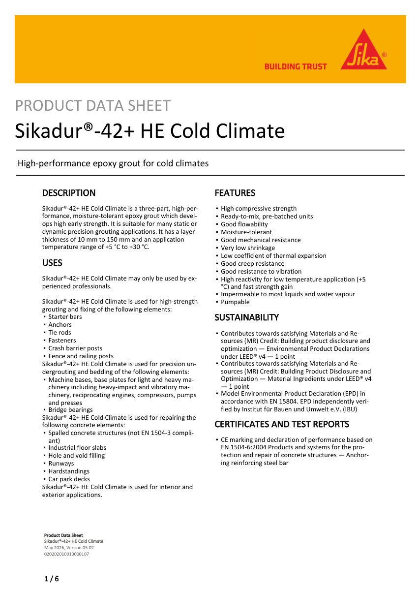 Sika Sikadur®-42+ HE Cold Climate cut sheet — first page